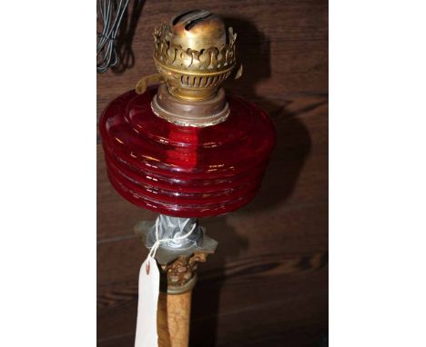 OIL LAMP WITH MARBLE COLUMN BASE
with cranberry glass shade, 60cm high overall