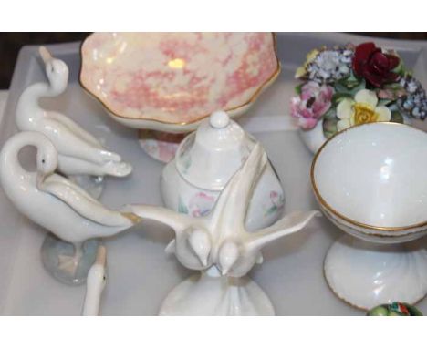GROUP OF CERAMICS
including three Lladro geese, one Lladro angel, an Adrian Hughes Royal Doulton pair of doves, another Royal