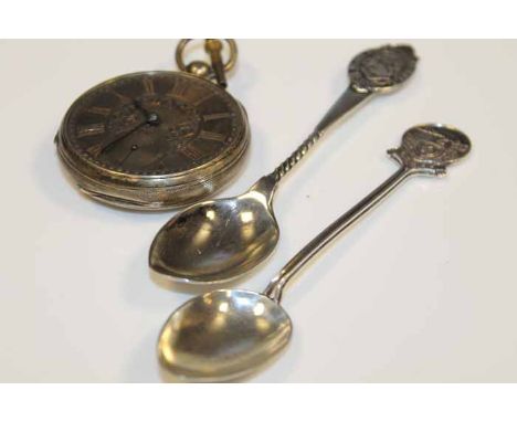 OPEN-FACE CHAIN DRIVEN FUSEE POCKET WATCH
in a hallmarked silver case; together with two hallmarked silver spoons, on a souve