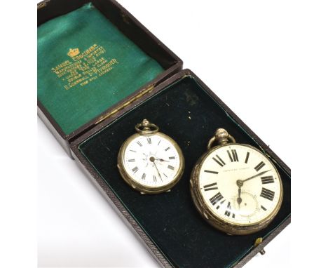 ANTIQUE SILVER POCKET WATCHES Two open face sterling silver pocket watches with white enamel dials and black roman numerals. 