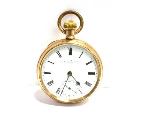 ROLLED GOLD OPEN FACE POCKET WATCH Retailed by W.Bryer &amp; Sons, London, white enamel dial with black Romans, blued steel h