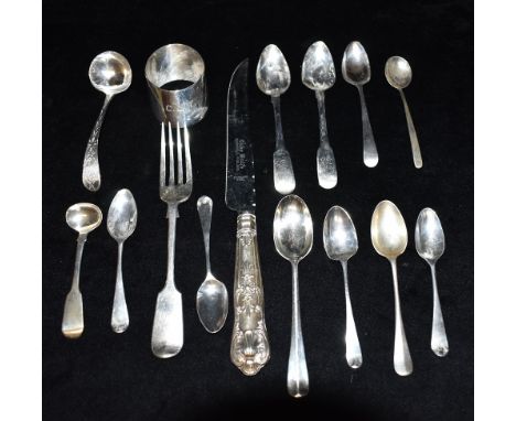 VARIOUS SILVER FLATWARE ITEMS To include a silver-handled knife, various silver teaspoons, a Georgian silver bright cut engra