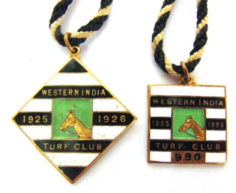 HORSE RACING - TWO WESTERN INDIA TURF CLUB ENAMEL MEMBER'S BADGES, 1925-1926  both by Lewis, Birmingham, one numbered 802 and