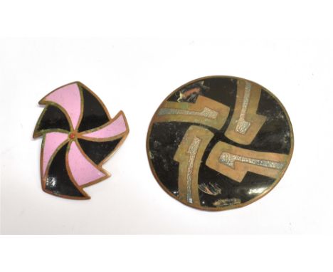 JOHN LEMAN ENAMEL BROOCHES CIRCA 1970 Two copper and enamel brooches by renowned Scottish designer John Leman, both signed to