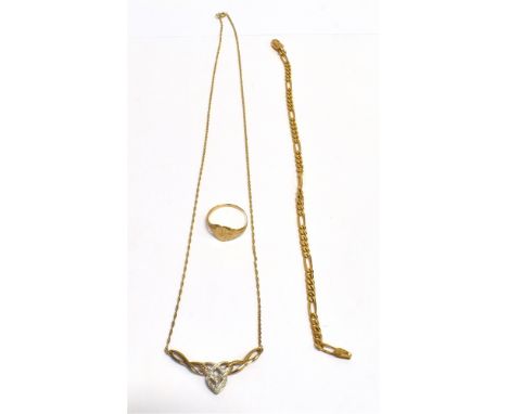 ASSORTED 9CT GOLD JEWELLERY To include a single cut diamond set, celtic style lavalier, a heart shaped signet ring and a figa