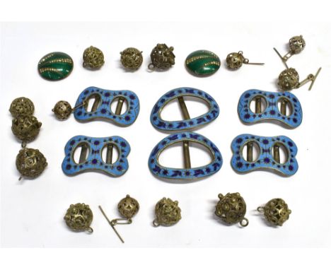 ENAMEL BUCKLES &amp; INDIAN SILVER CUFFLINKS Silver floral and foliate enamelled buckles, green guilloche and paste buckles a