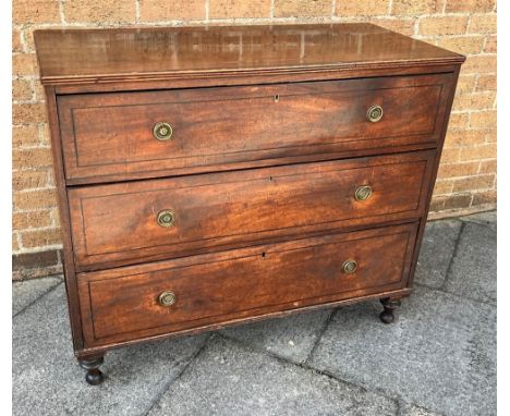 AN EDWARDIANMAHOGANY INLAID CHEST of three long graduated drawers with brass ring handles and on dwarf turned supports, heigh