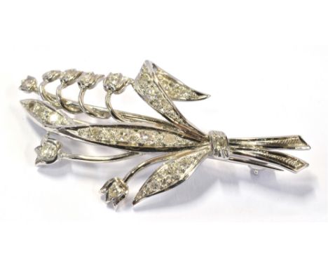 GOLD &amp; DIAMOND LILY OF THE VALLEY BROOCH 4.5cm long, grain set brooch, testing as 18ct white gold, set with single cut di