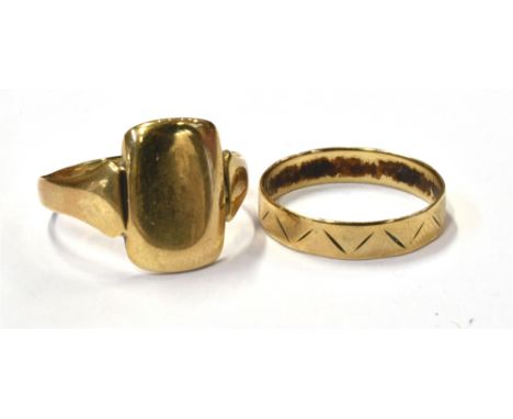 TWO 9CT GOLD RINGS A rectangular shield shaped signet ring and a chevron engraved band.  Both hallmarked 375.  Total weight 5