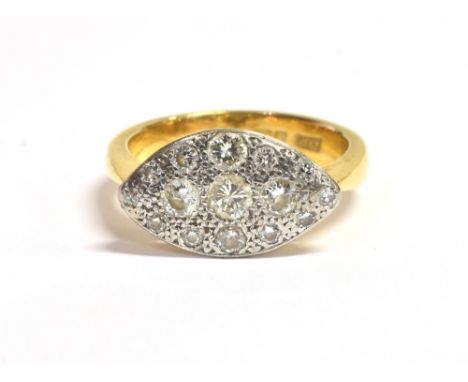 22CT GOLD &amp; DIAMOND RING Platinum topped navette shaped head, pave set with round brilliant cut diamonds (one is single c