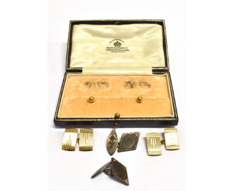 VARIOUS GOLD &amp; SILVER CUFFLINKS 9ct gold rectangular cufflinks, 6.9 grams, 18ct gold shirt studs, 1.5 grams and silver na