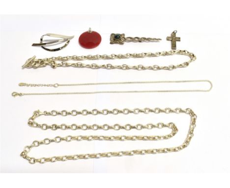 ASSORTED SILVER JEWELLERY To include a heavy cable link necklaces, one with T bar, Victorian Latin cross, celtic style kilt p