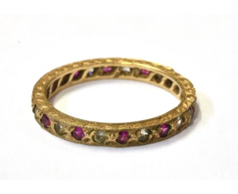 9CT GOLD RUBY &amp; WHITE SAPPHIRE ETERNITY Fully grain set eternity ring, with alternating round mixed cut white sapphires a