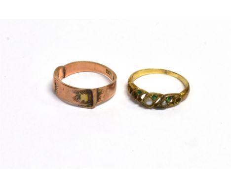 TWO 9CT GOLD &amp; GEM SET RINGS One set with alternating emeralds and half pearls, (three are missing) together with a belt 