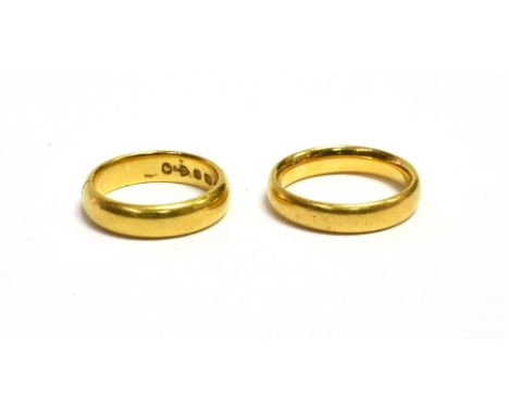 TWO 22CT GOLD WEDDING BANDS One 4.4mm wide, ring size K, hallmarked Sheffield 1874, one 4.0mm wide, ring size K 1/2,  hallmar