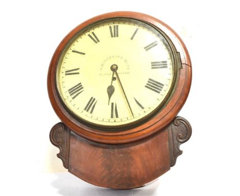 A VICTORIAN MAHOGANY DROP-DIAL WALL CLOCK  the 30cm diameter circular painted cream face with black Roman numerals and marked