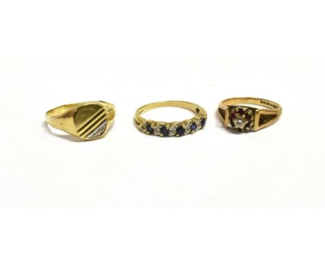 VARIETY OF 9CT GOLD RINGS To inlclude a signet ring set with a single cut diamond, a half eternity set with est 0.60 carats o
