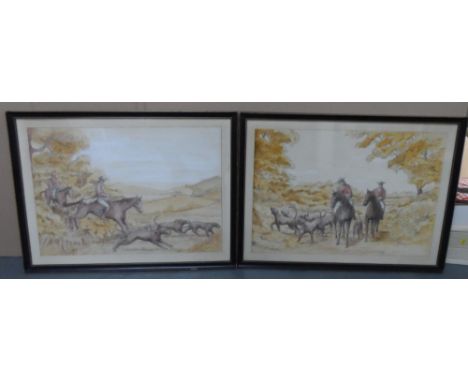 Pair of 1970s watercolours depicting fox hunting scenes in matching frames, both signed P Walsh,Both measure approx 40 x 53 c