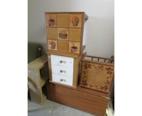 2 tiled top tables, a bedside cabinet, blanket box and book shelf