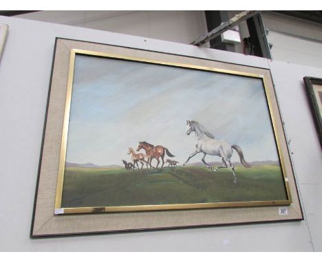 An oil on canvas painting of a stallion with mares by R, McWhirter, signed