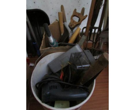 A box and a bucket of tools