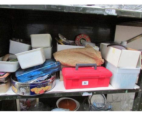 A shelf of assorted needlework items etc