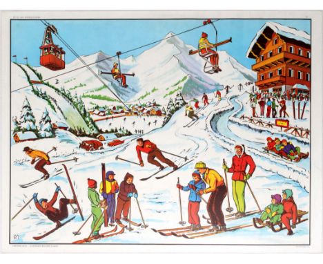 Original vintage winter school educational poster (d'Hiver, La Neige) double-sided. Published  by MDI. Good condition, fold o