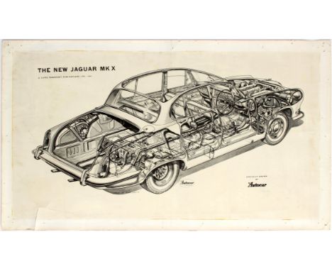 Original vintage advertising poster The New Jaguar MK X. Illustration features car diagram. Fair condition, tears, small pape