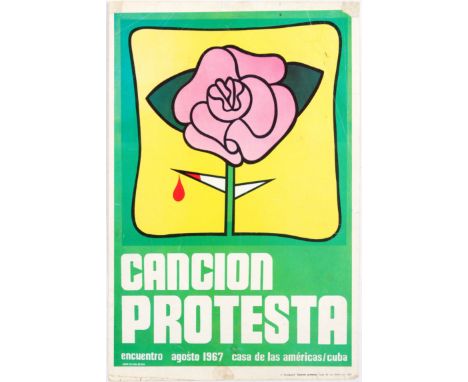 Original vintage propaganda poster 1974 reissue for Cancion Protesta 1967. Good condition, creases, dirt stains, paper losses