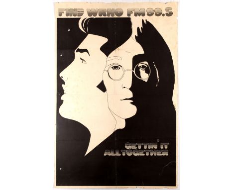 Original vintage advertising poster Find WRNO FM 99.5, the 1970s radio station poster (Gettin' in all together) featuring art