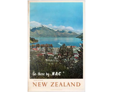 Original vintage travel poster promoting travel to New Zealand Queensway by New Zealand National Airways Corporation. Good co