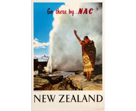 Original vintage travel poster promoting travel to New Zealand Pohotu Geyser, Rotorua by New Zealand National Airways Corpora