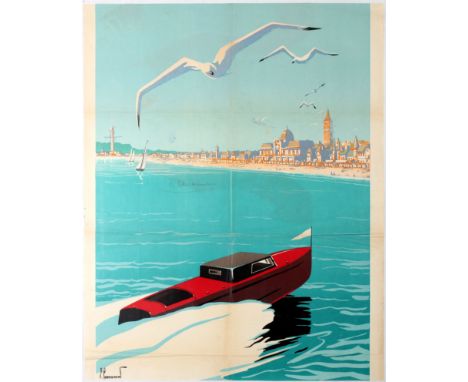 Original vintage Art Deco poster. Part of a poster for Cayeux-sur-Mer - French Riviera Cote d'Azur in France. Fair condition,