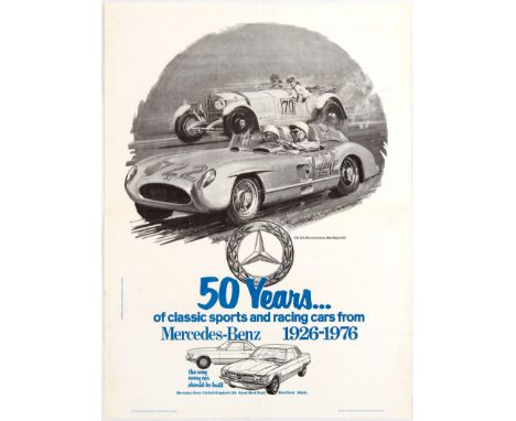 Original vintage advertising poster for the 50 years anniversary of classic sports and racing cars from Mercedes-Benz 1926-19