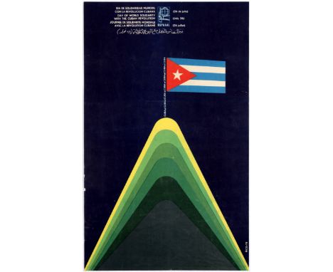 Original vintage Cuban propaganda poster Day of World Solidarity with th Cuban Revolution July 26 published by the Organisati