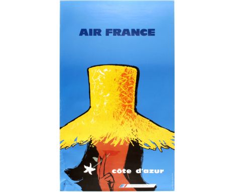 Original vintage travel poster official reissue by Air France of Cote d'Azur poster from 1962. Illustration features a woman 