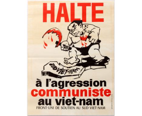 Original vintage French propaganda poster published by the United Front in Support of South Vietnam to denounce the Communist