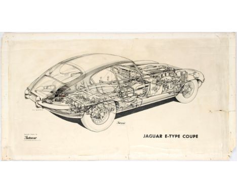Original vintage advertising poster Jaguar E-Type Coupe. Illustrations features car diagram. Printed on thick paper. Fair con