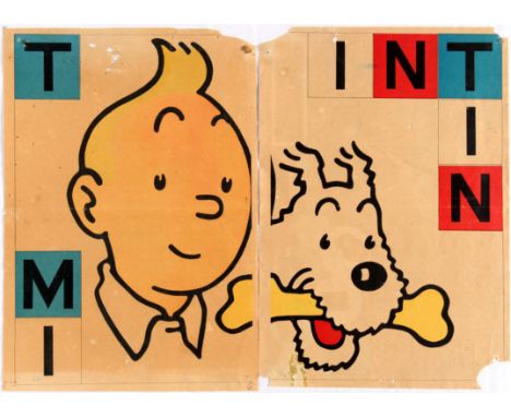 Original vintage poster transformed into a kite, printed on 2 sheets, with instructions on reverse. Faces of Tintin and Snowy