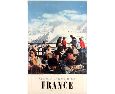 Original vintage travel poster advertising winter sports in Megeve (French ski resort village). Good condition, folded, tears