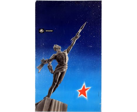 Original vintage Intourist travel poster advertising visiting Moscow. Image of a cosmonaut reaching to the sky with a rocket 