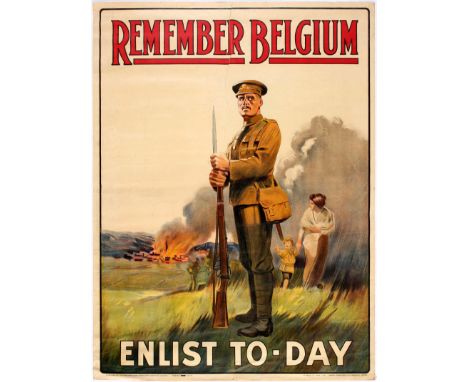 Original vintage UK WWI propaganda poster Remember Belgium Enlist To-Day. Fair condition, tears and creases on margins, creas