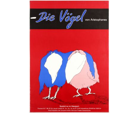 Original vintage advertising poster Die Vogel Von Aristophanes. Illustration features two birds against the red background wi