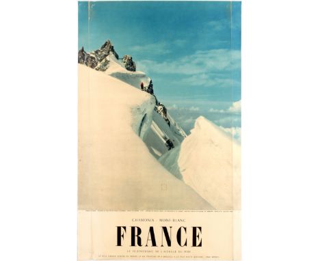 Original vintage travel poster advertising Aiguille du Midi mountain in the ski resort of Mont Blanc massif within French Alp