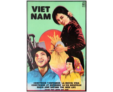 Original vintage propaganda poster Viet Nam - Build and Defend the New Life published by the Organisation of Solidarity with 