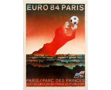 Original vintage sport advertising poster Euro UEFA held in Paris in 1984. Good condition, small tears and creases on margins