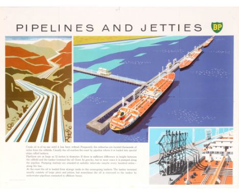 Original vintage advertising poster: BP – Pipelines and Jetties. This poster was published by BP to explain the use of pipeli