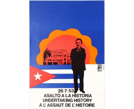 Original vintage Cuban propaganda poster Undertaking History Assult on Moncada barricks (26-7-53 Asalto A La Historia Underta