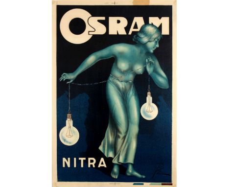 Original vintage advertising poster for Osram Nitra lights featuring a great image of the ancient Greek goddess Ariadne, the 