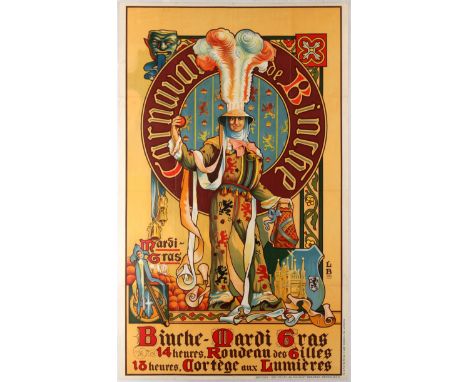 Original vintage advertising poster Carnival de Blinche - Mardi Fras. Good condition, folded, small tears and a few punch hol